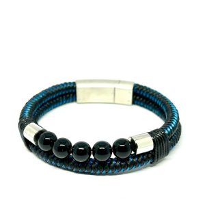Double Strand Leather Bracelet With Black Beads