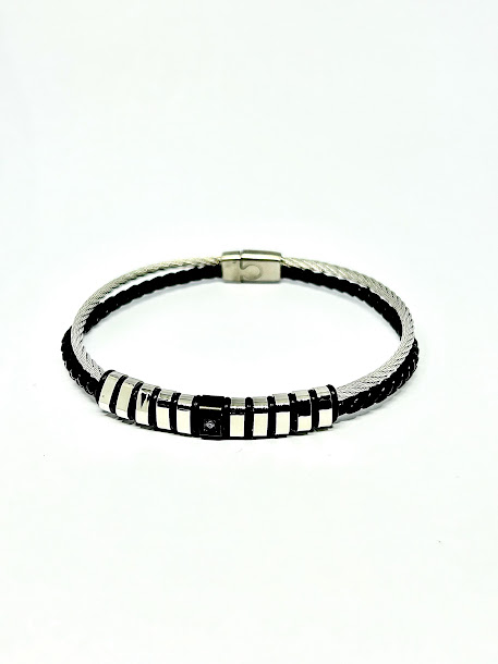 Black & Silver Round Leather Bracelet