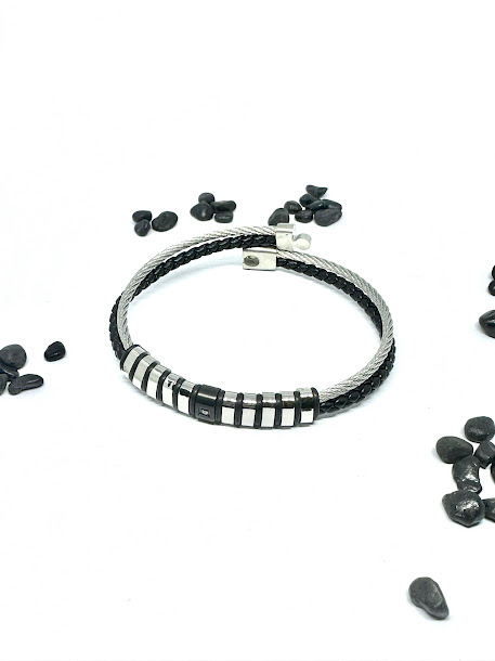 Black & Silver Round Leather Bracelet - Image 2